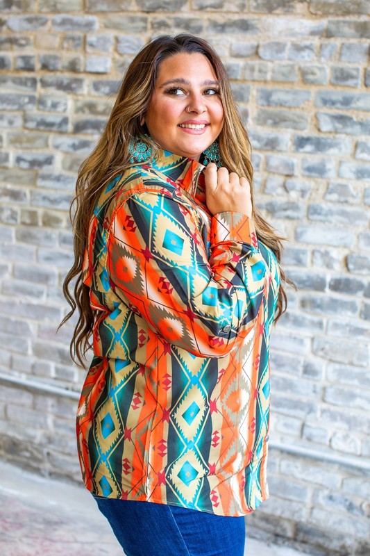 Brown Aztec Printed long sleeve shirt IN PLUS