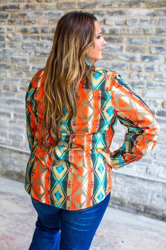 Brown Aztec Printed long sleeve shirt IN PLUS