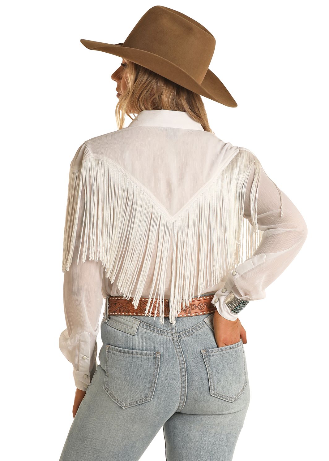 ROCK & ROLL WOMENS SHEER SHIRT WITH FRINGE - OFF WHITE