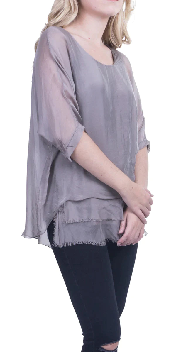 CARMELINA SILK KAFTAN ROUND NECK TOP in TAUPE