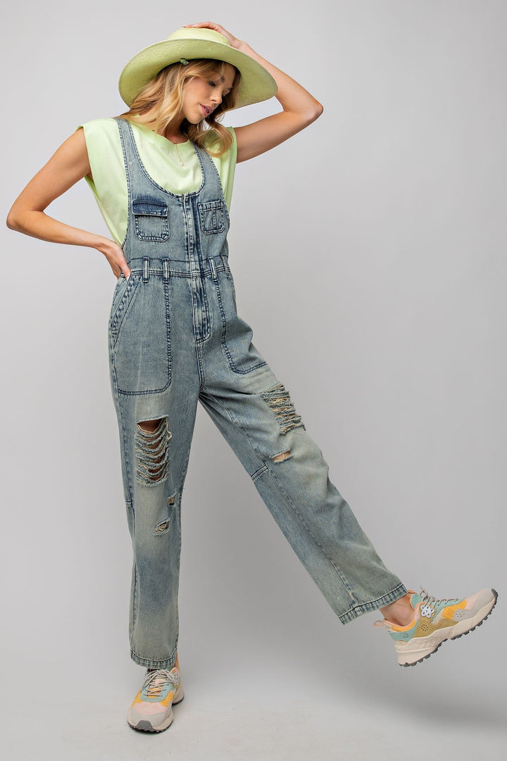 WASHED DENIM OVERALLS/JUMPSUIT