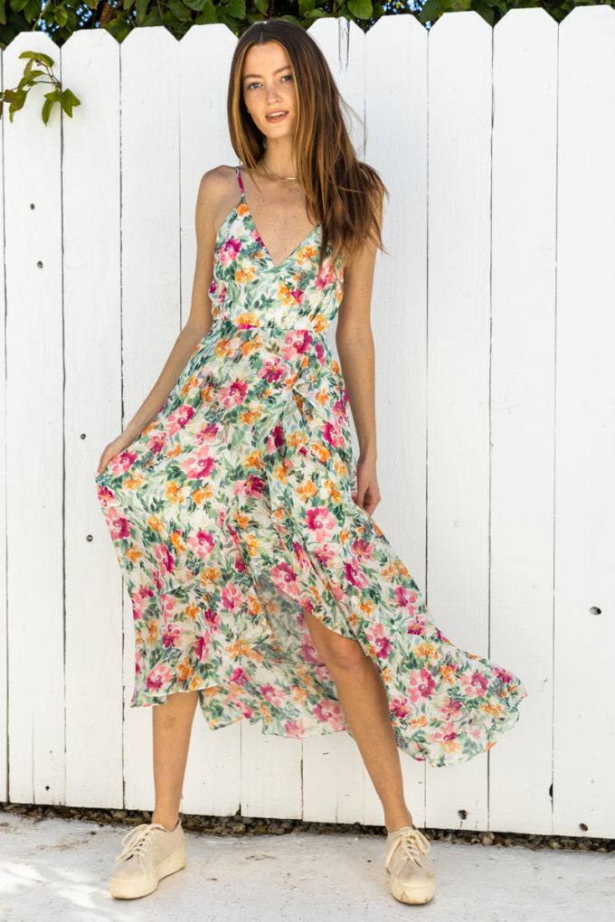 HI-LO FLORAL RUFFLE MAXI DRESS