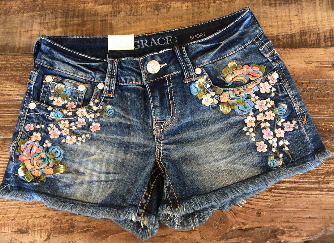 Grace In LA Peach Blossom Embroidered Shorts