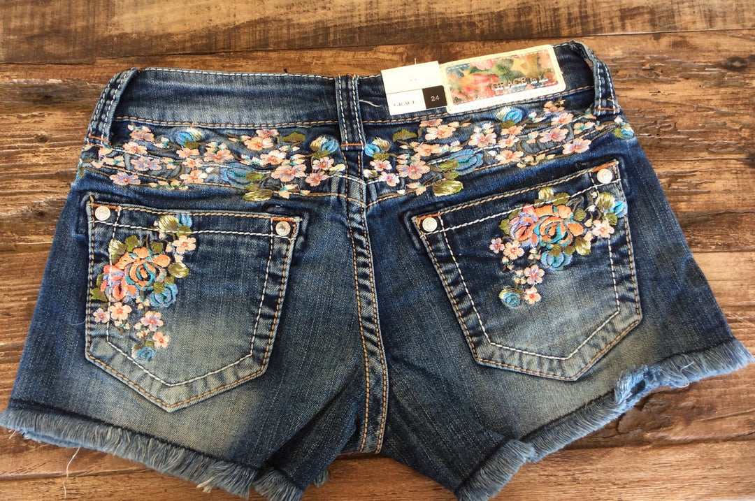 Grace In LA Peach Blossom Embroidered Shorts