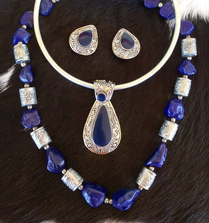 Silver and Lapis Pendant & Clip-On Earrings Set