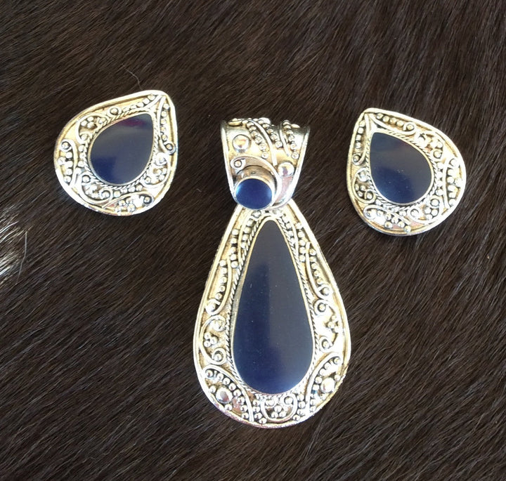 Silver and Lapis Pendant & Clip-On Earrings Set