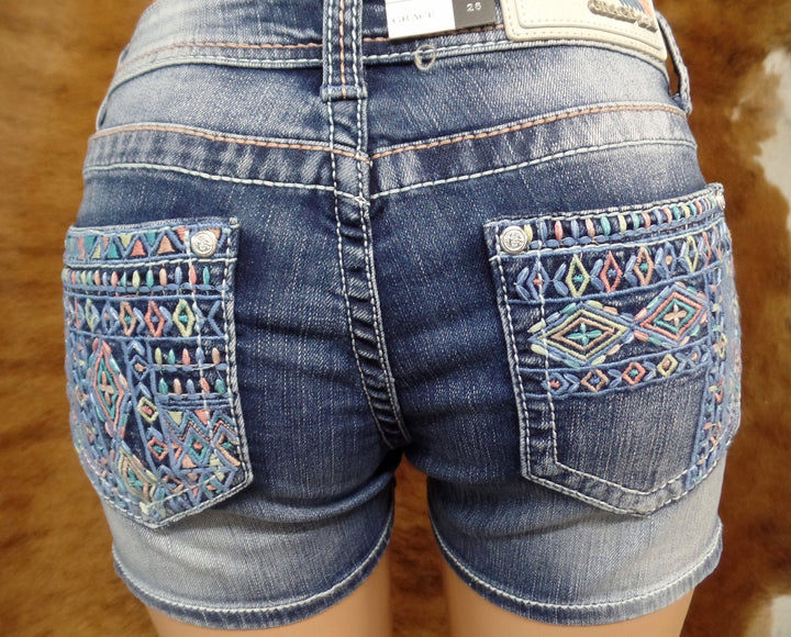 Grace In LA Pastel Aztec Embroidered Shorts