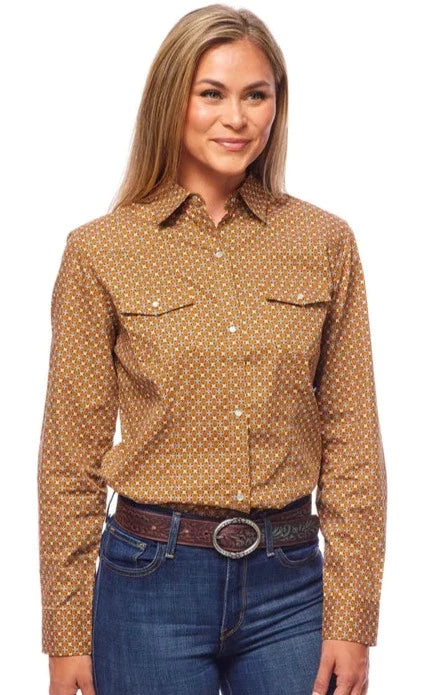 RODEO CLOTHING WOMEN'S LONG SLEEVE PRINT WESTERN SHIRT in TAN