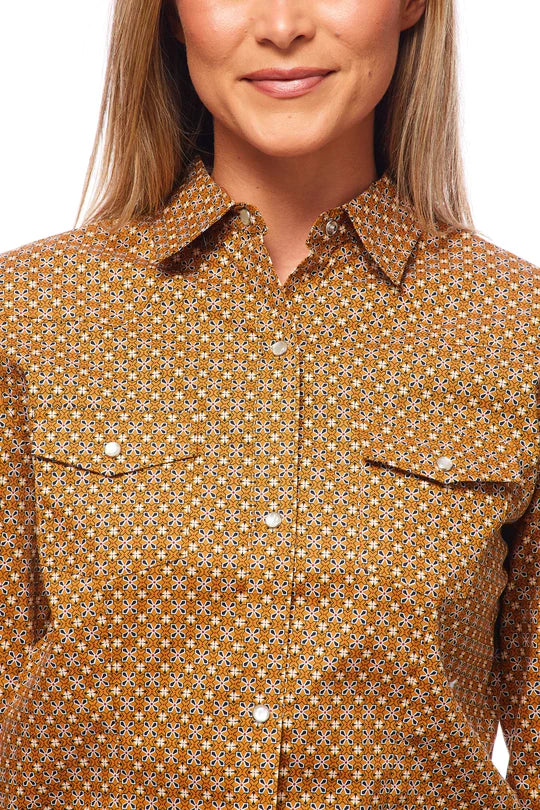 RODEO CLOTHING WOMEN'S LONG SLEEVE PRINT WESTERN SHIRT in TAN