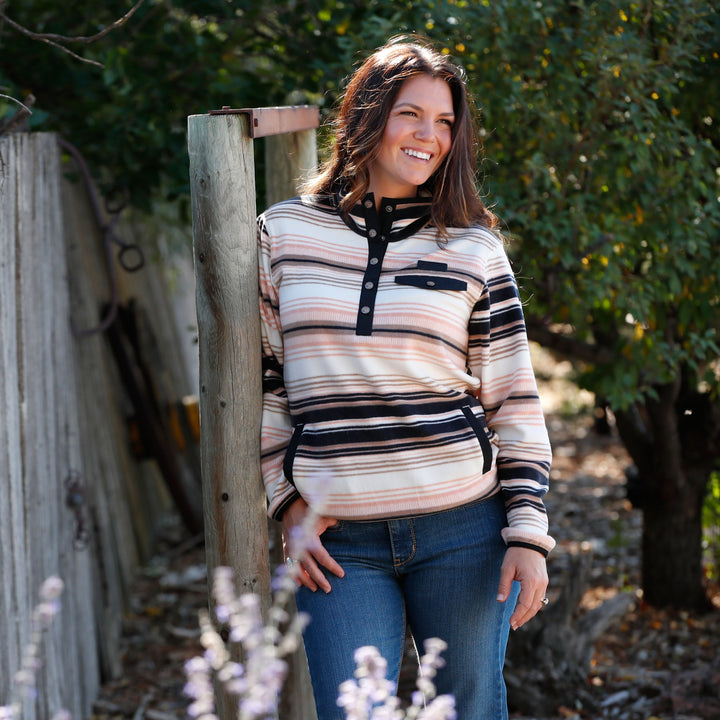 CINCH WOMEN'S POLAR FLEECE STRIPED PULLOVER - NAVY/ PINK