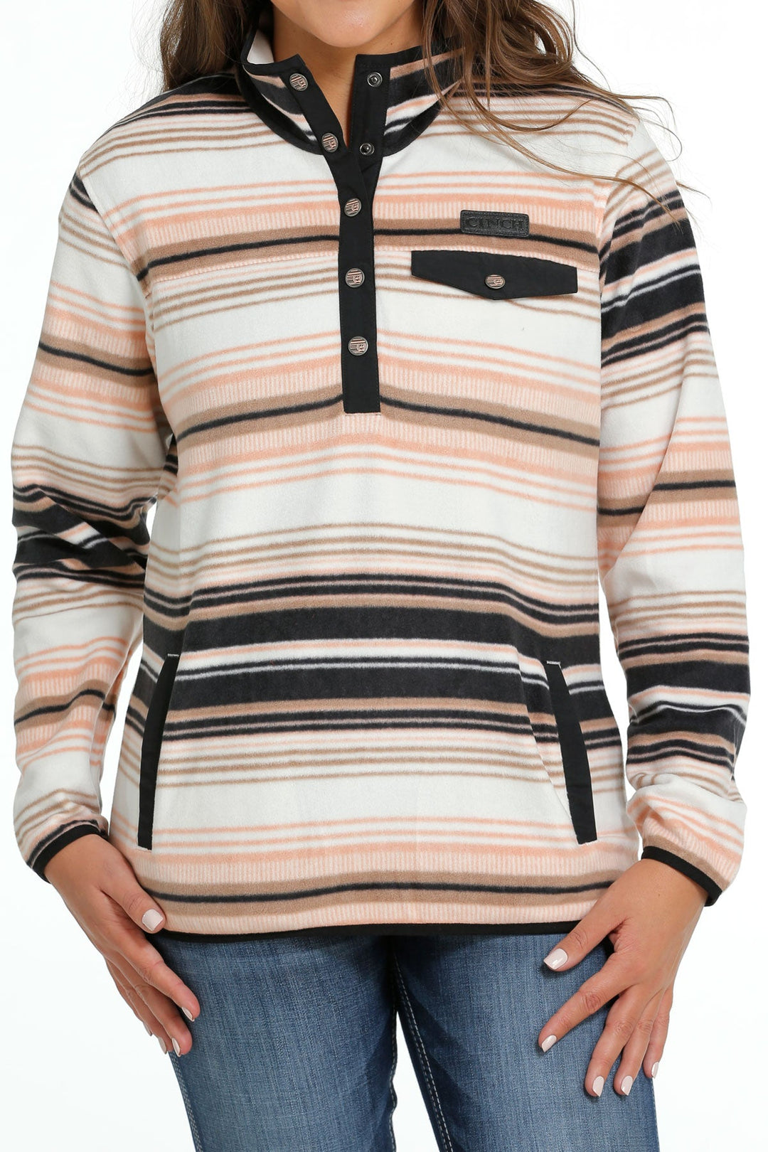 CINCH WOMEN'S POLAR FLEECE STRIPED PULLOVER - NAVY/ PINK