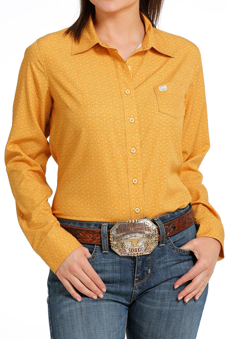 CINCH WOMEN’S GOLD ARENA FLEX LONG SLEEVE WESTERN SHIRT - GOLD