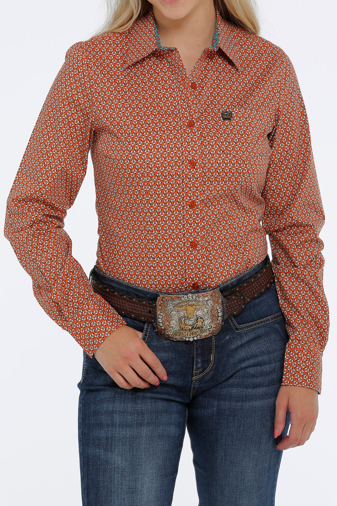 CINCH WOMEN'S BUTTON-DOWN WESTERN SHIRT - ORANGE / CREAM