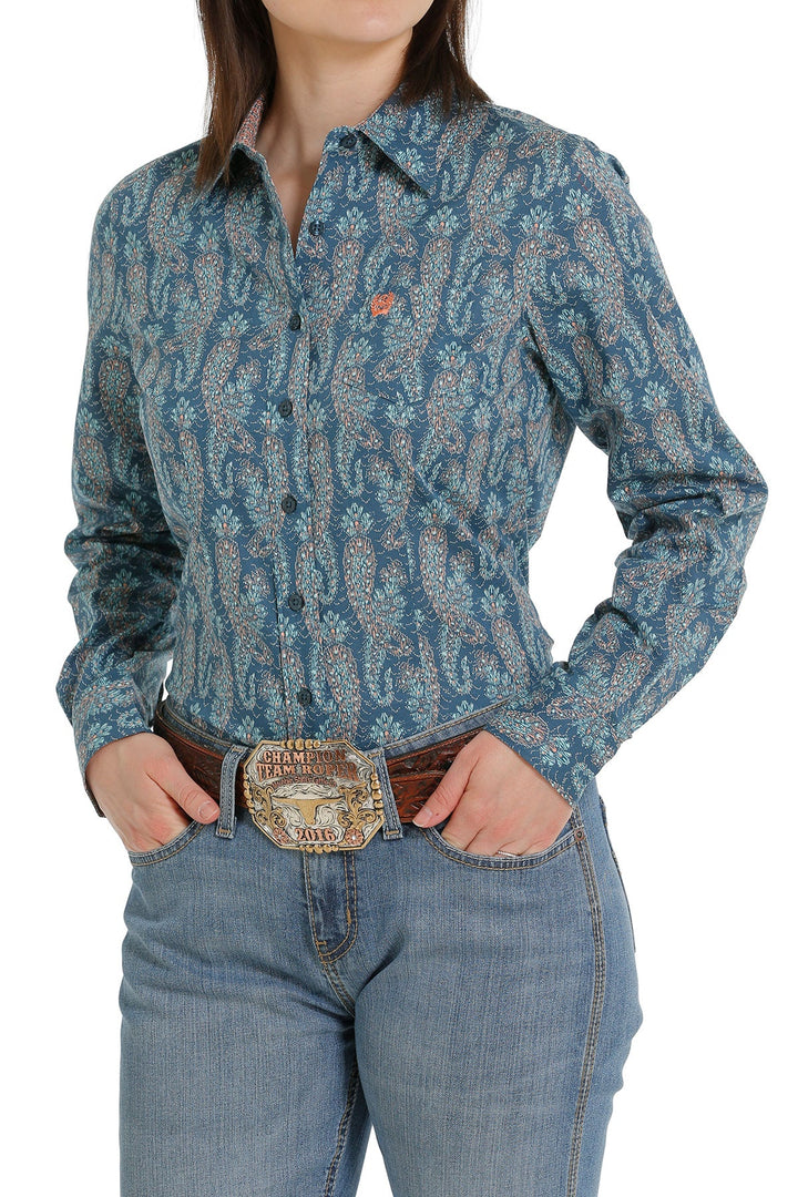 CINCH WOMEN'S BUTTON-DOWN WESTERN SHIRT - BLUE / CORAL