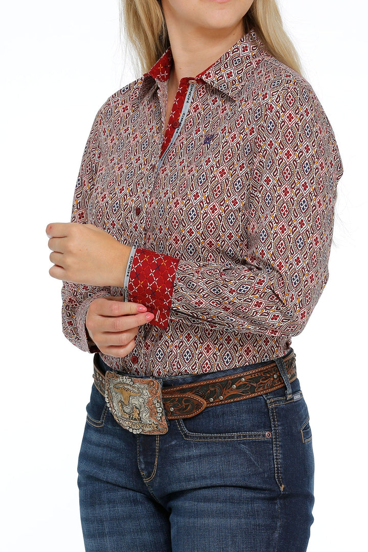 CINCH WOMEN'S BUTTON-DOWN WESTERN SHIRT - CREAM / RED