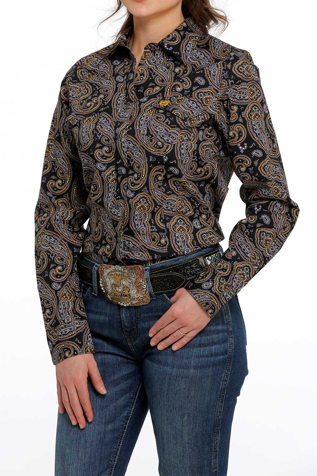 CINCH WOMEN'S BUTTON-DOWN WESTERN SHIRT - BLACK / PURPLE