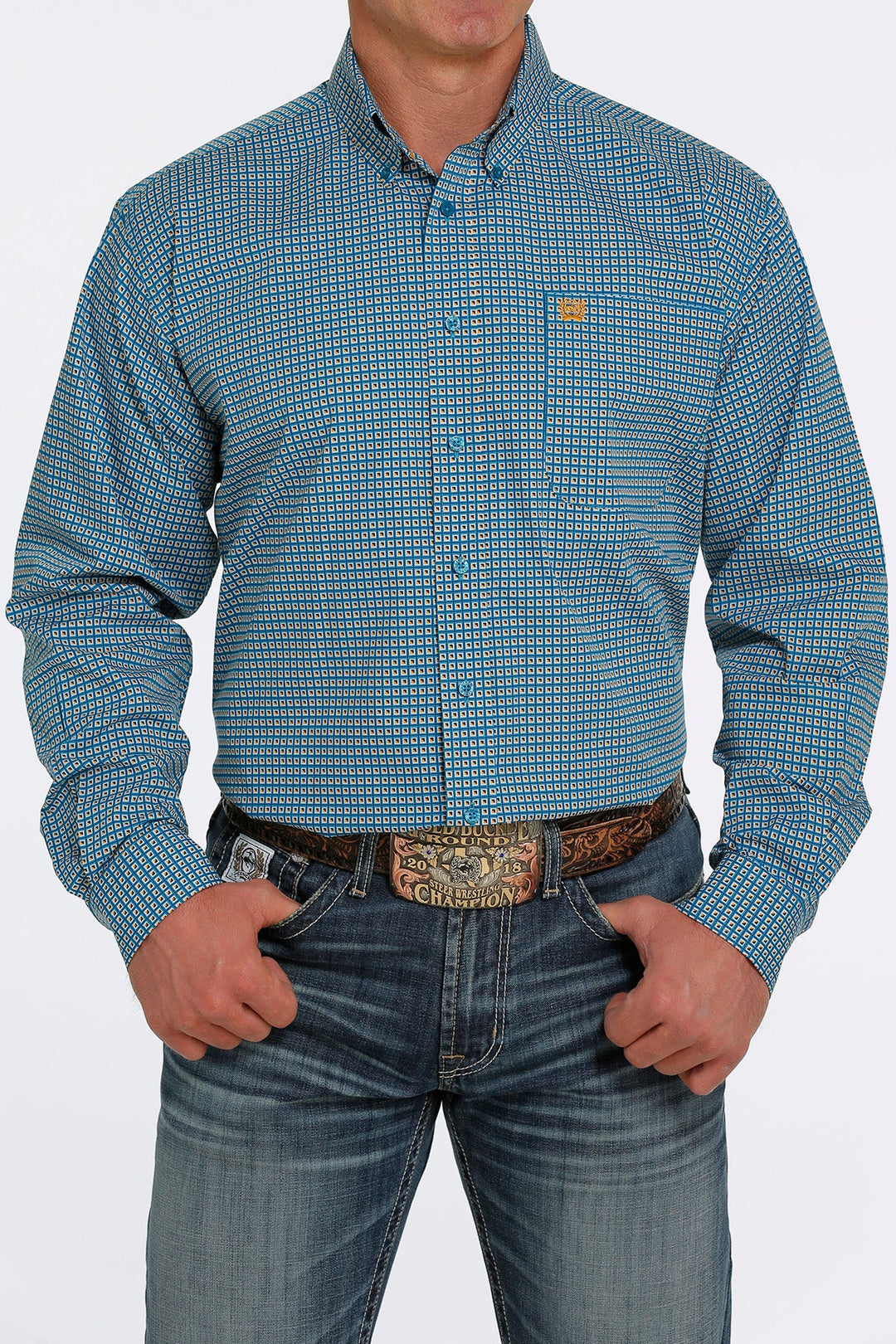 CINCH MEN'S SQUARE PRINT BUTTON-DOWN WESTERN SHIRT - AQUA