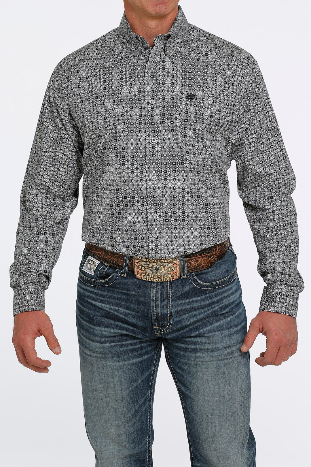 CINCH MEN'S MEDALLION PRINT BUTTON-DOWN WESTERN SHIRT - GRAY / NAVY