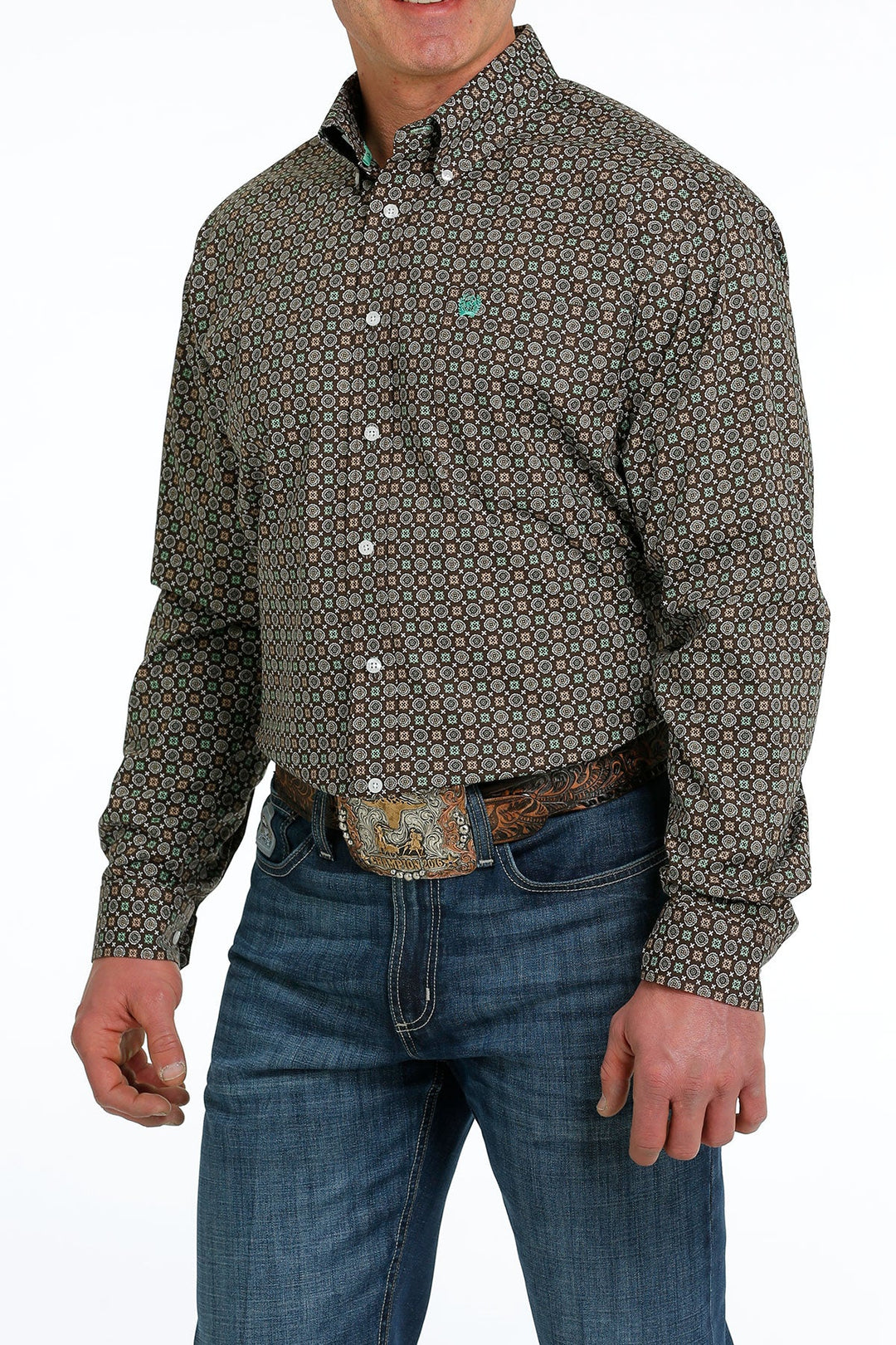 CINCH MEN'S GREEN & BROWN GEOMETRIC LONG SLEEVE SHIRT