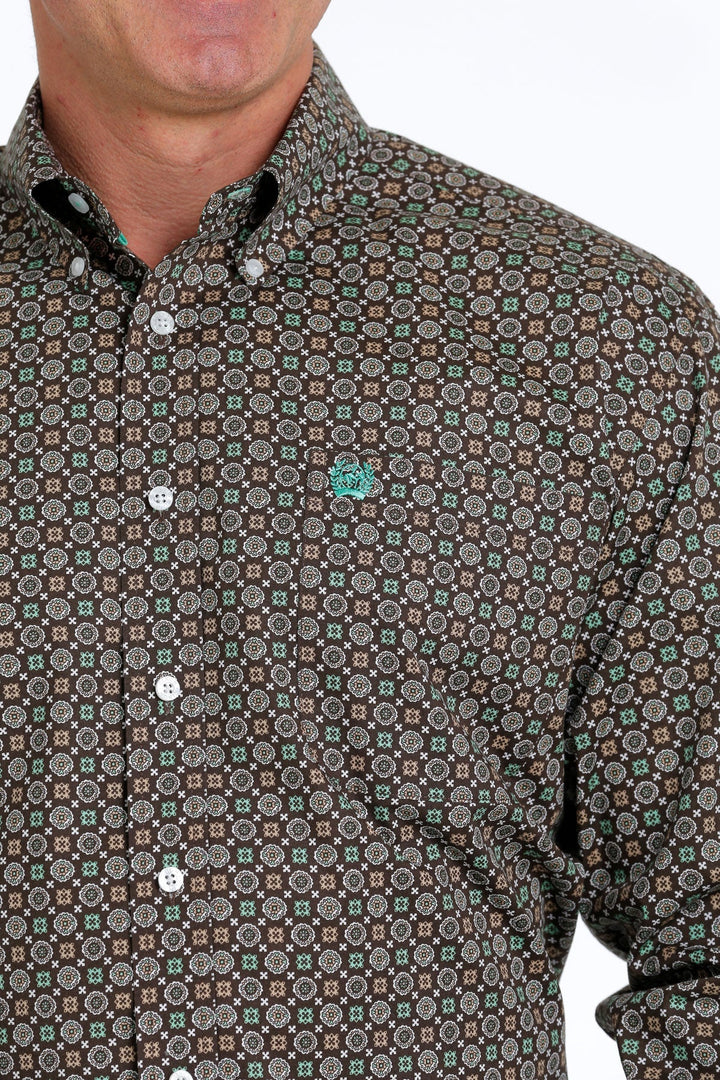 CINCH MEN'S GREEN & BROWN GEOMETRIC LONG SLEEVE SHIRT