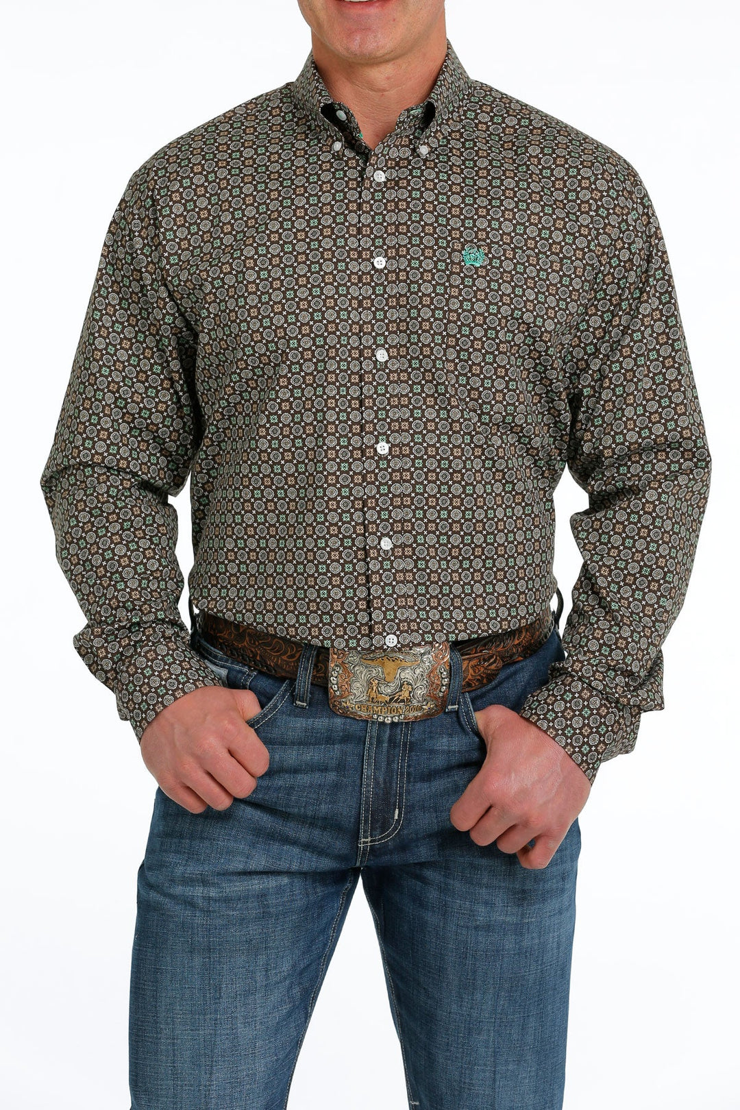 CINCH MEN'S GREEN & BROWN GEOMETRIC LONG SLEEVE SHIRT