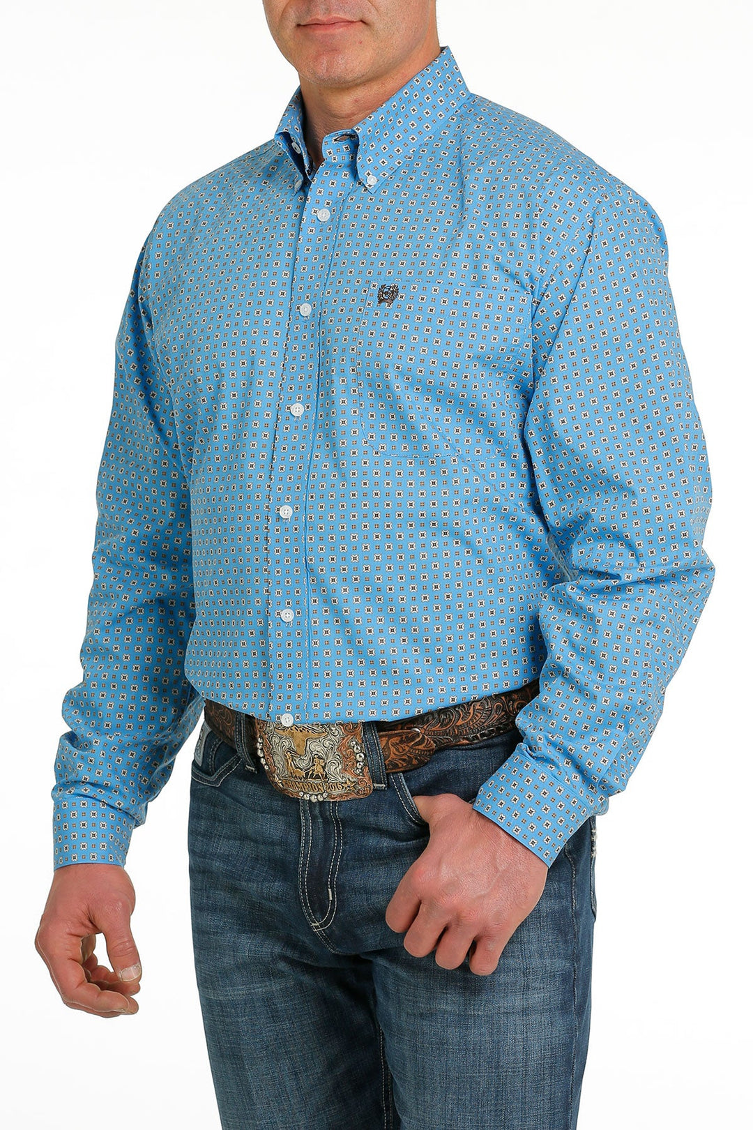 CINCH MEN'S MEDALLION PRINT BUTTON-DOWN WESTERN SHIRT - BLUE / WHITE