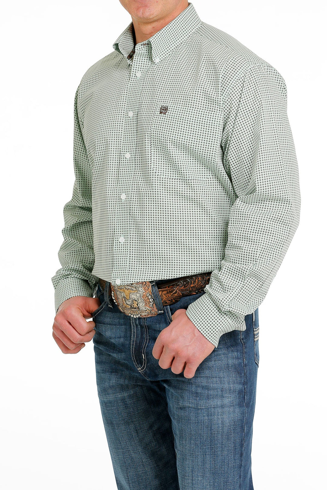 CINCH MEN'S GEOMETRIC PRINT BUTTON-DOWN WESTERN SHIRT - GREEN / GRAY