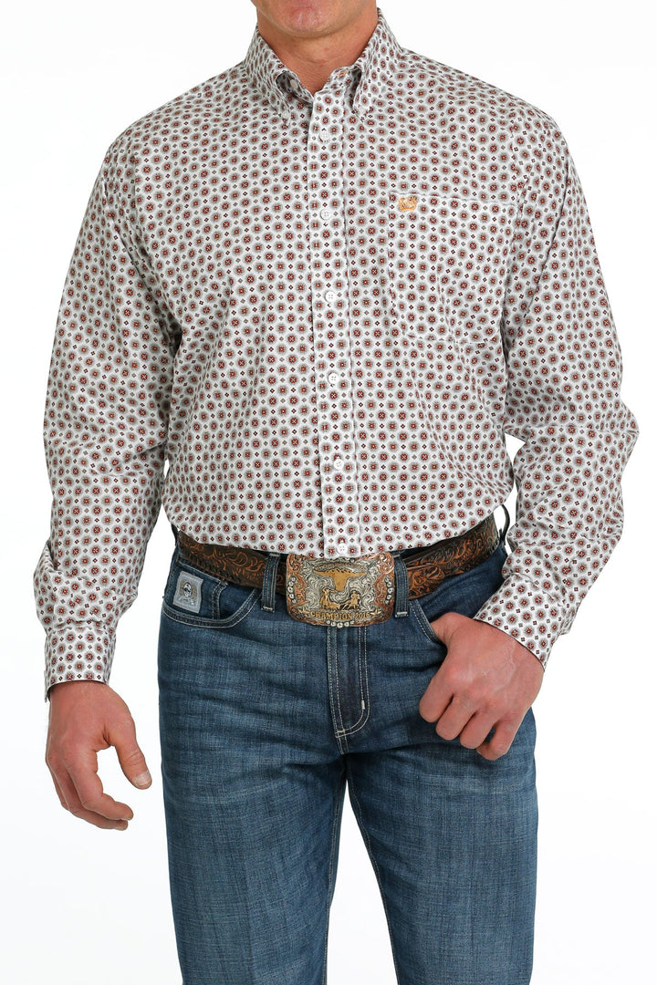 CINCH MEN'S MEDALLION PRINT BUTTON-DOWN WESTERN SHIRT - WHITE