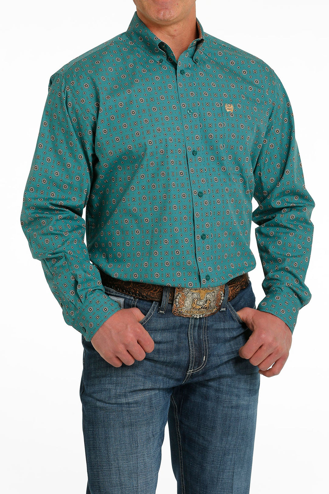 CINCH MEN'S GEOMETRIC PRINT BUTTON-DOWN WESTERN SHIRT - TEAL