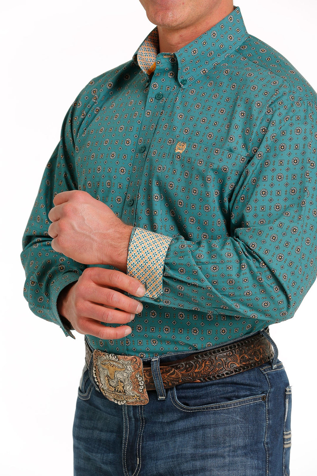 CINCH MEN'S GEOMETRIC PRINT BUTTON-DOWN WESTERN SHIRT - TEAL