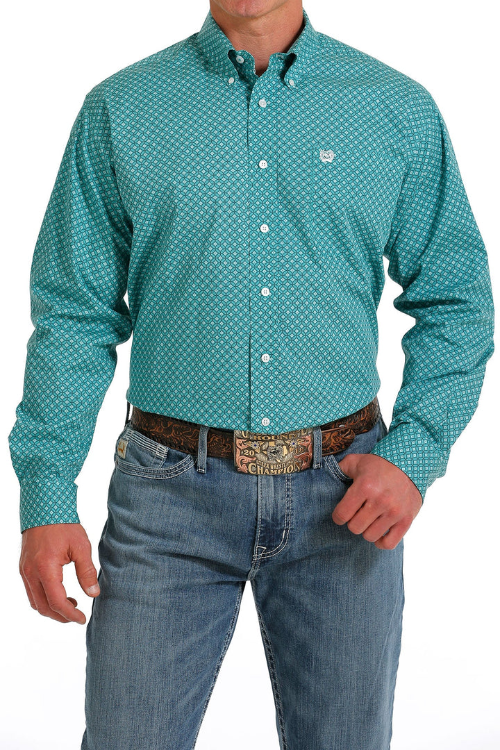 CINCH MEN'S MEDALLION PRINT BUTTON-DOWN WESTERN SHIRT - TURQUOISE / WHITE