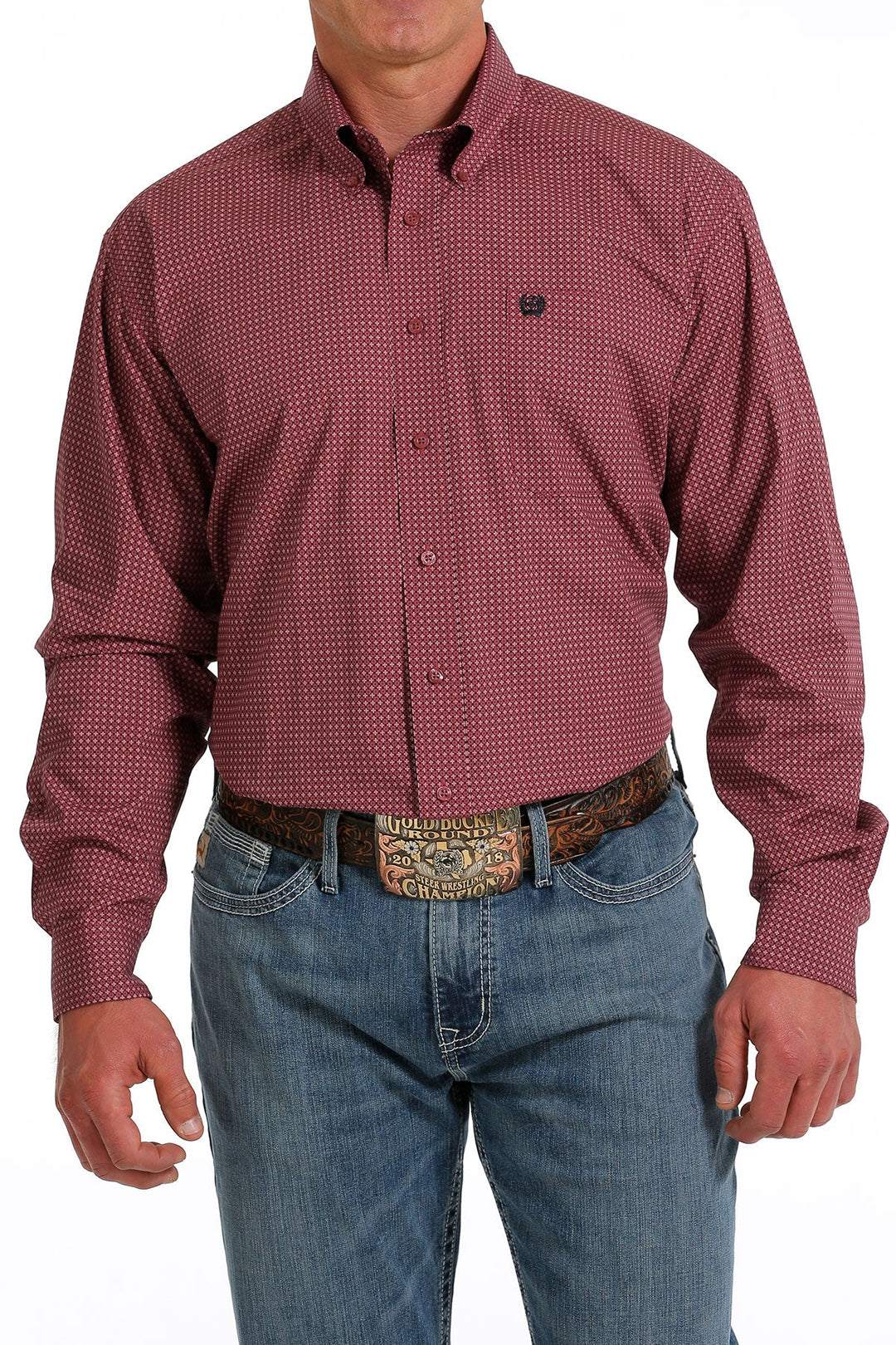 CINCH MEN'S GEOMETRIC PRINT BUTTON-DOWN WESTERN SHIRT - FUCHSIA / BLACK