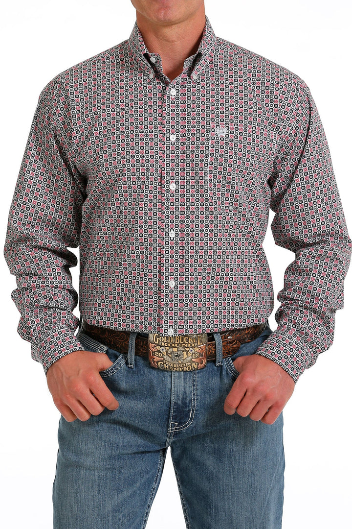 CINCH MEN'S MEDALLION PRINT BUTTON-DOWN WESTERN SHIRT - FUCHSIA / BLACK