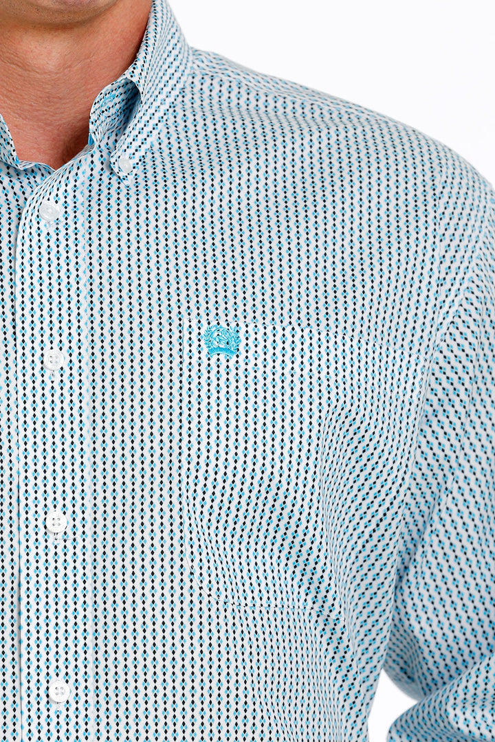 CINCH MEN'S STRETCH GEOMETRIC PRINT BUTTON-DOWN WESTERN SHIRT - WHITE / TURQUOISE