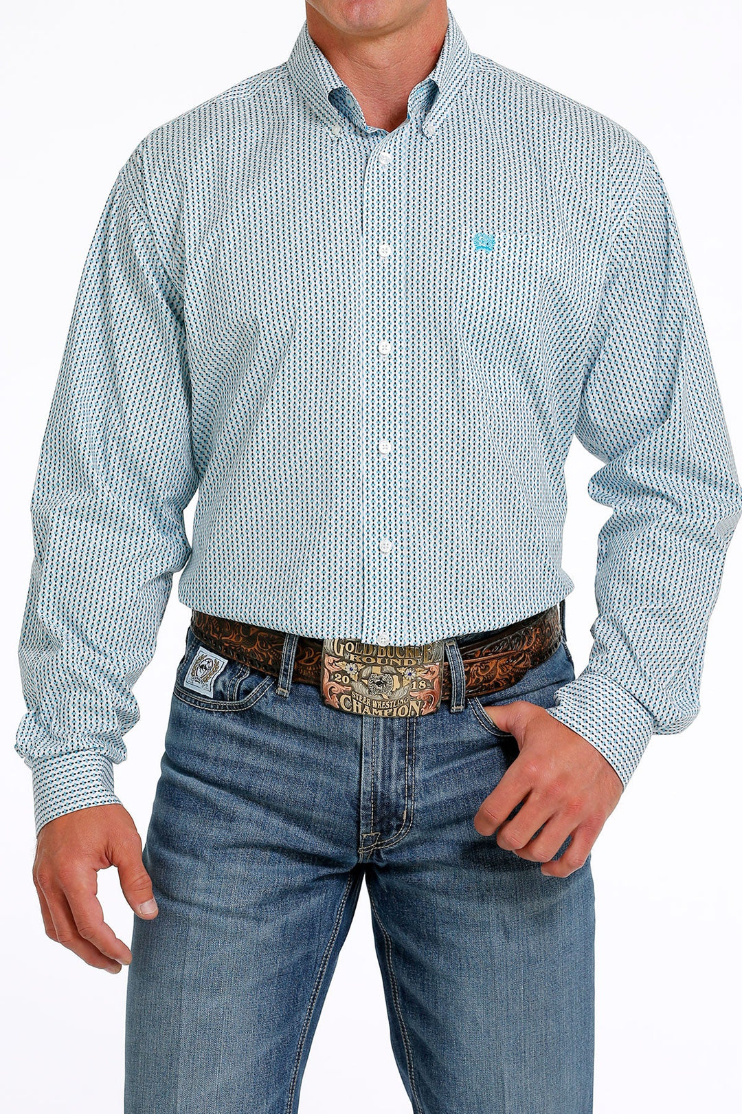 CINCH MEN'S STRETCH GEOMETRIC PRINT BUTTON-DOWN WESTERN SHIRT - WHITE / TURQUOISE