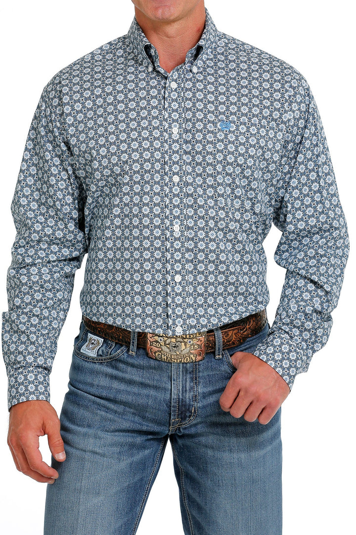 CINCH MEN'S MEDALLION PRINT BUTTON-DOWN WESTERN SHIRT - BLUE/ WHITE