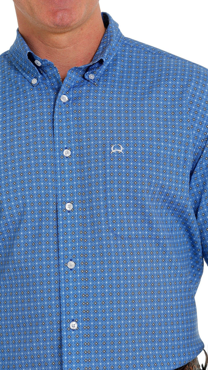 CINCH MEN'S GEOMETRIC PRINT LONG SLEEVE ARENAFLEX BUTTON-DOWN SHIRT - BLUE