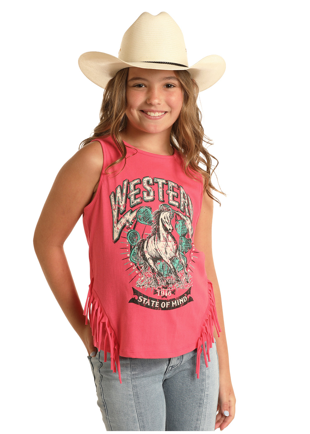 Rock & Roll Girls Hot Pink Western Graphic Fringe Shirt