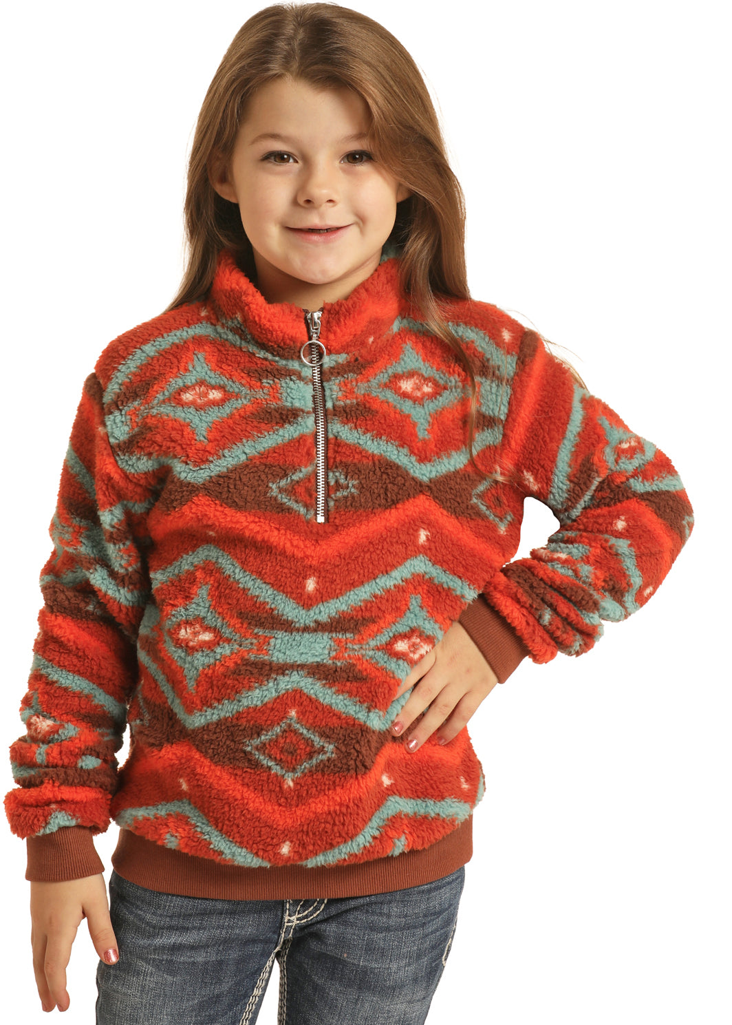 Rock & Roll Girls' Vibrant Aztec Sherpa Pullover BURNT ORANGE