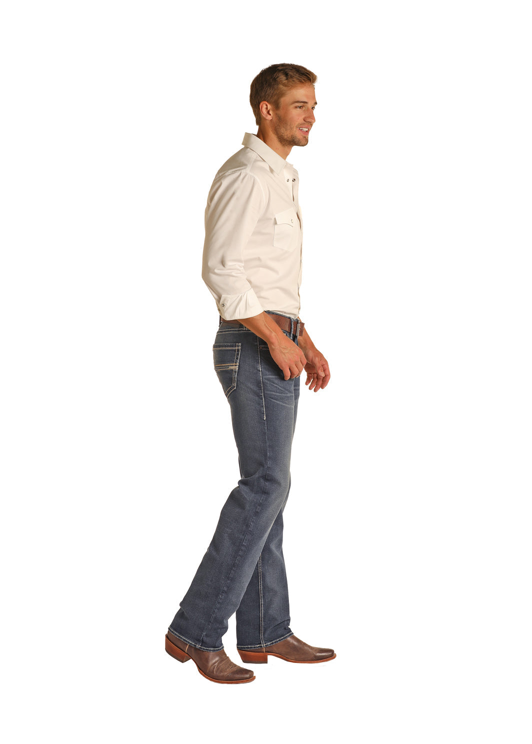 ROCK & ROLL MEN'S STRETCH STACKABLE BOOTCUT JEANS WITH STRAIGHT RAISED DENIM POCKET