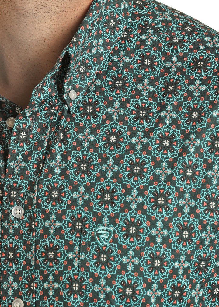 ROCK & ROLL DENIM REGULAR FIT TEAL MEDALLION PRINT BUTTON DOWN SHIRT