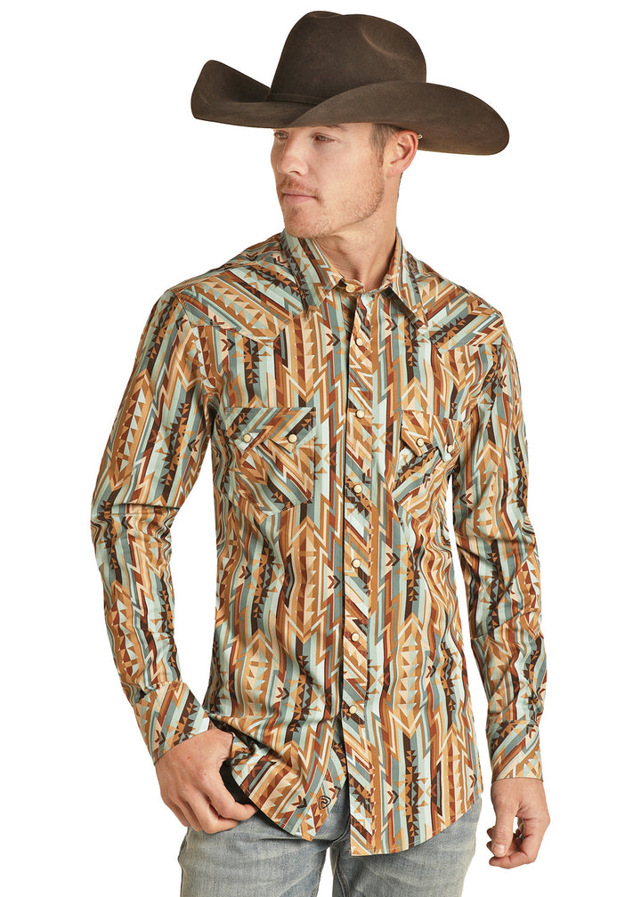 ROCK & ROLL DENIM MEN'S WOVEN AZTEC STRIPE SHIRT