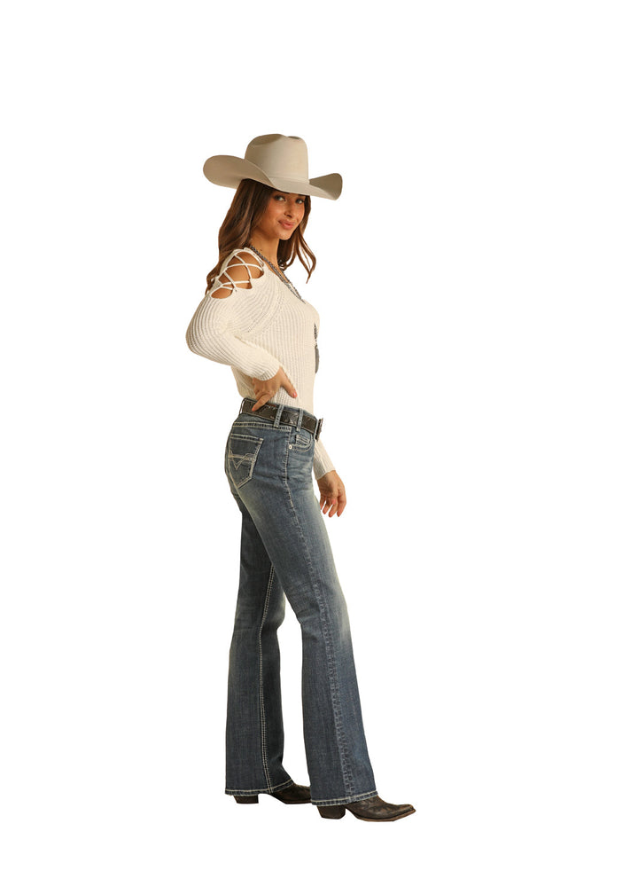 ROCK & ROLL LADIES MID RISE STRETCH BOYFRIEND IVORY POCKET STRAIGHT JEANS