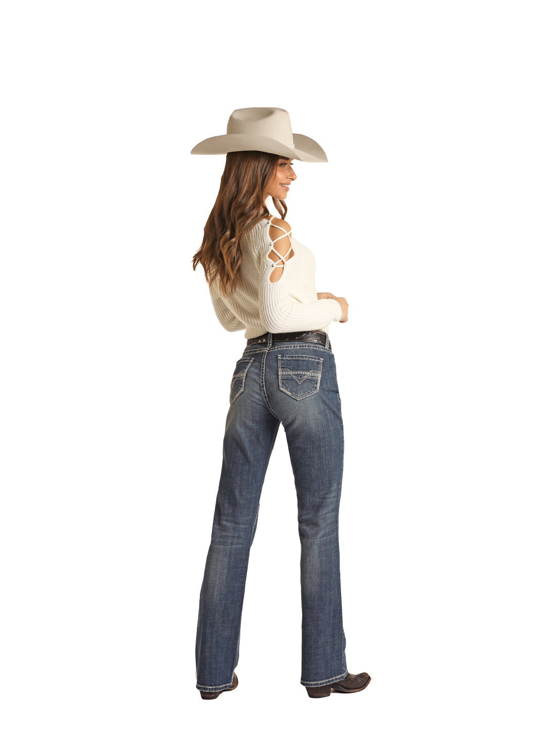 ROCK & ROLL LADIES MID RISE STRETCH BOYFRIEND IVORY POCKET STRAIGHT JEANS