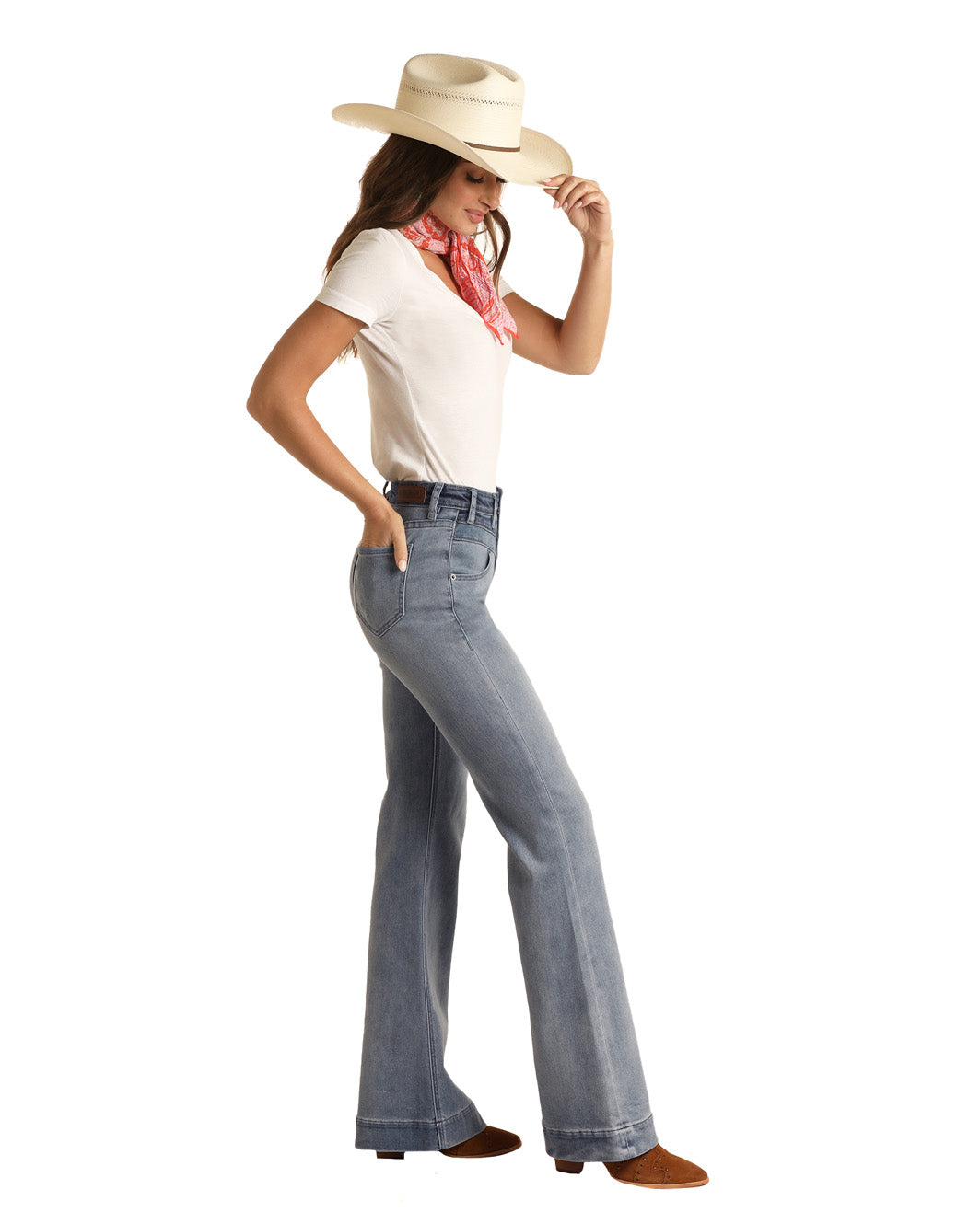 Rock & Roll Ladies Light Wash Yoke Front High Rise Trousers