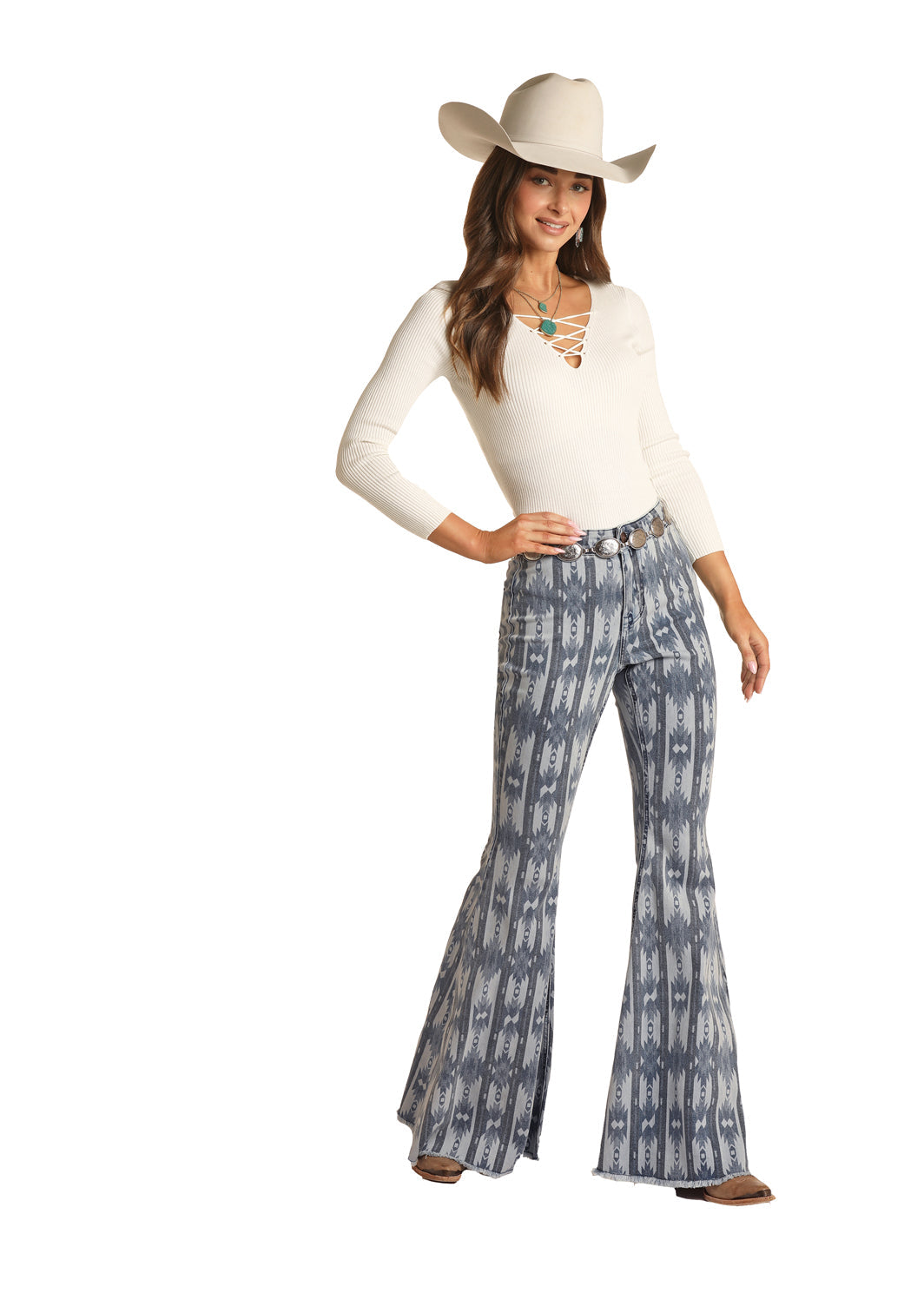 ROCK & ROLL COWGIRL LADIES HIGH RISE EXTRA STRETCH AZTEC PRINT BELL BOTTOM JEANS