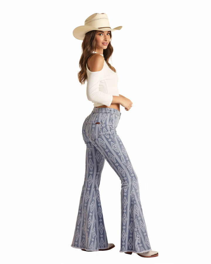 ROCK & ROLL COWGIRL LADIES BUTTON BELLS HIGH RISE EXTRA STRETCH AZTEC FLARE JEANS