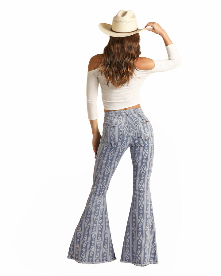 ROCK & ROLL COWGIRL LADIES BUTTON BELLS HIGH RISE EXTRA STRETCH AZTEC FLARE JEANS