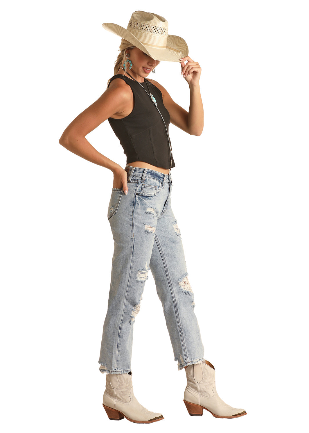 ROCK & ROLL DENIM LADIES HIGH RISE CROPPED LIGHT WASH JEANS