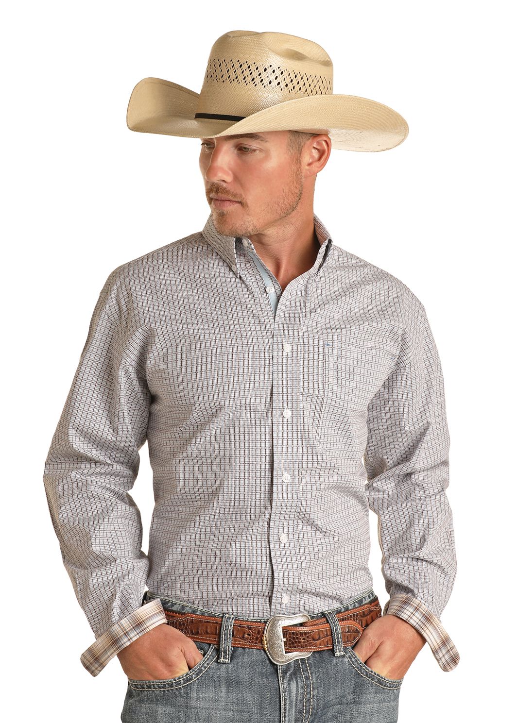 PANHANDLE ROUGH STOCK REGULAR FIT GEO LONG SLEEVE BUTTON SHIRT - BROWN